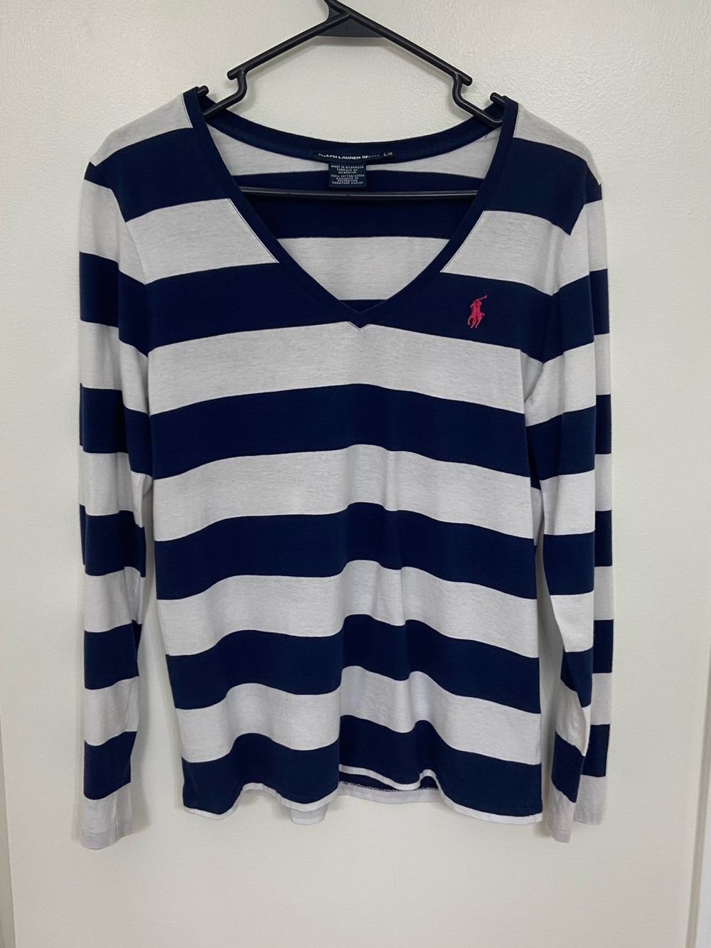 Ralph Lauren Sport Women’s Large Navy White Striped V Neck Long Sleeve Pony